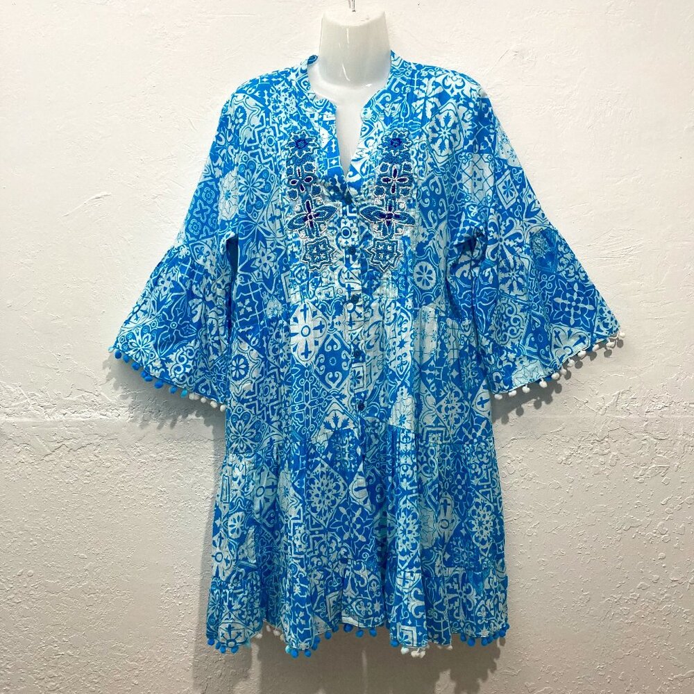 Siya Button up Dress Tiered Floral Beaded Pom Pom Hem Boho Cottagecore Blue L?